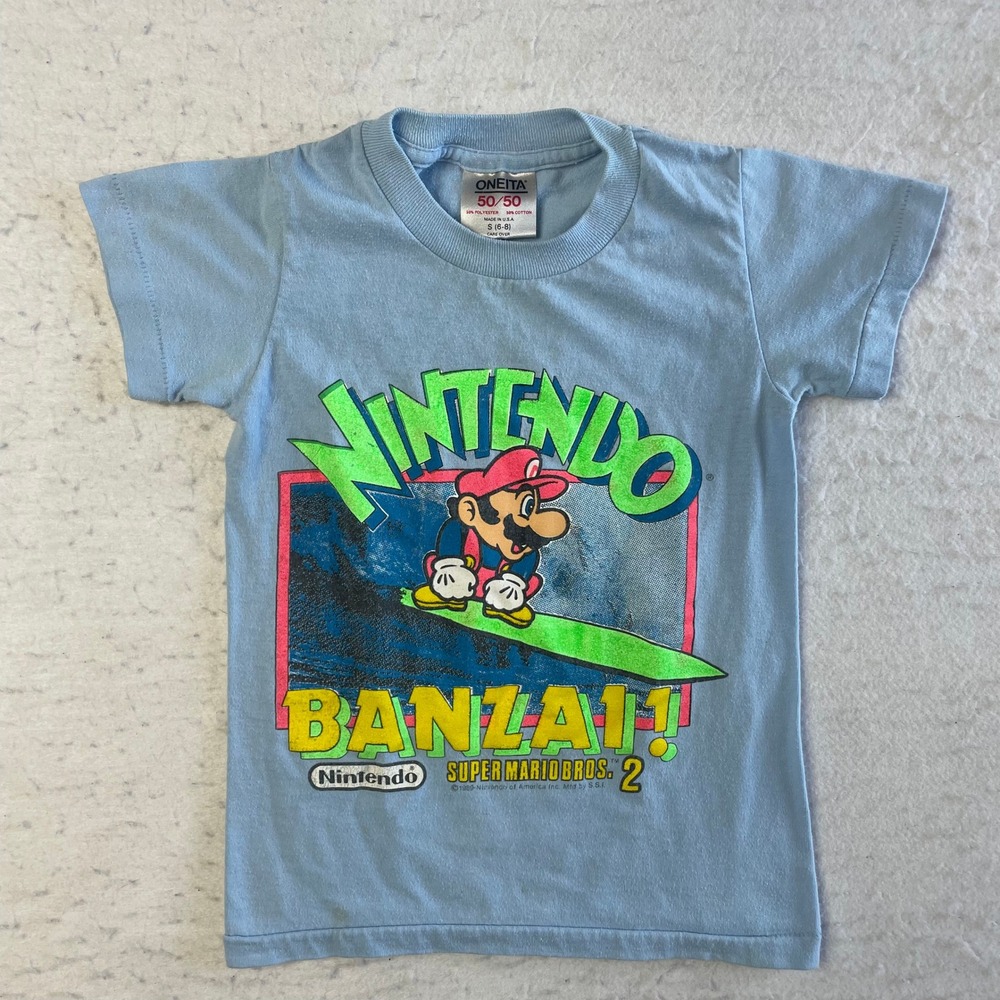 Nintendo T-Shirt Kids Small Blue Vintage 1989 Mario Banzai Super Mario Bros
